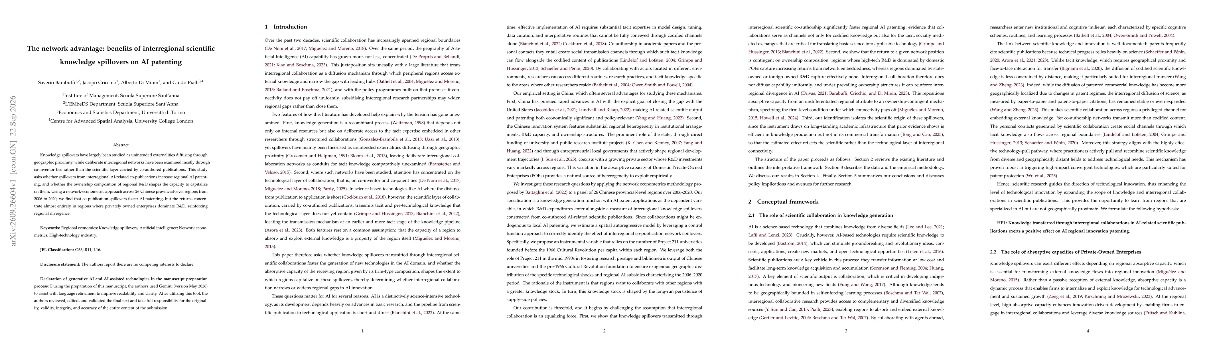 Thumbnail for The network advantage: benefits of interregional scientific knowledge spillovers on AI patenting