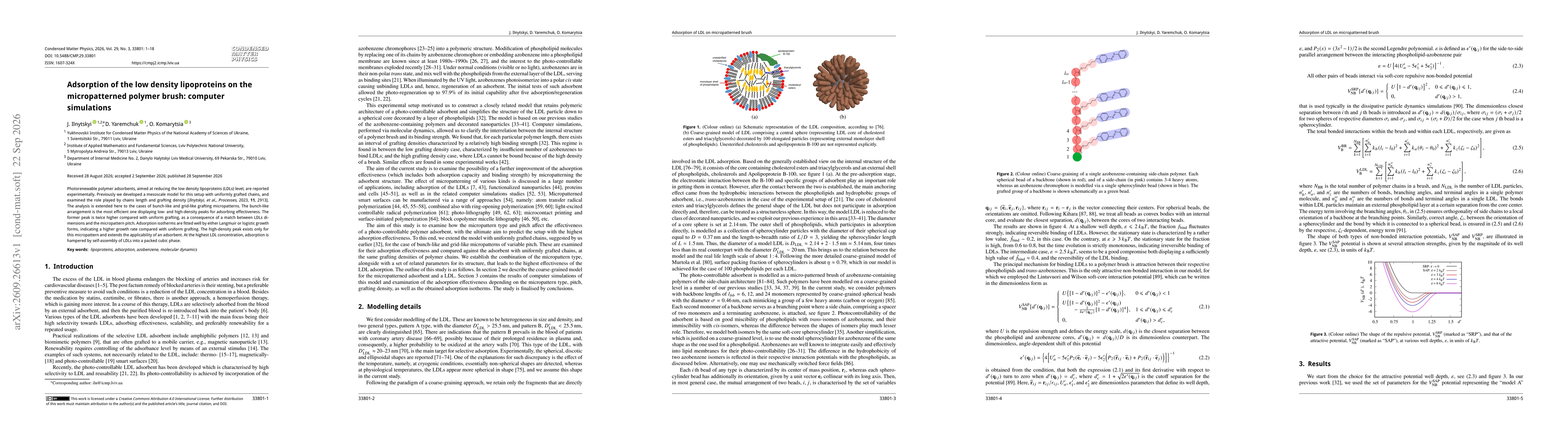 Thumbnail for Adsorption of the low density lipoproteins on the micropatterned polymer brush: computer simulations