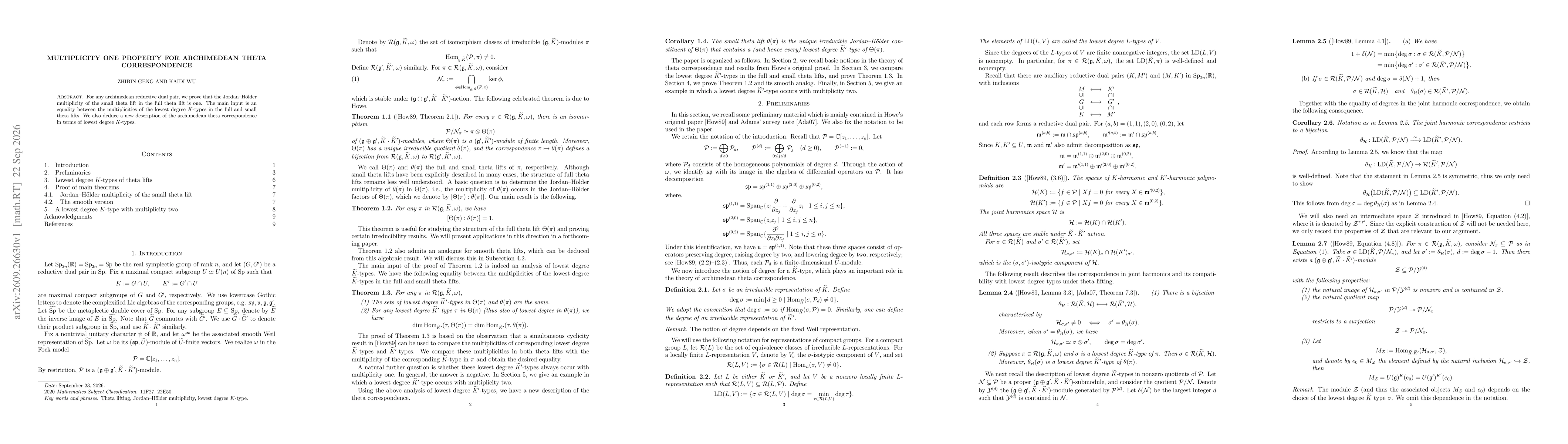 Thumbnail for Multiplicity One Property for Archimedean Theta Correspondence