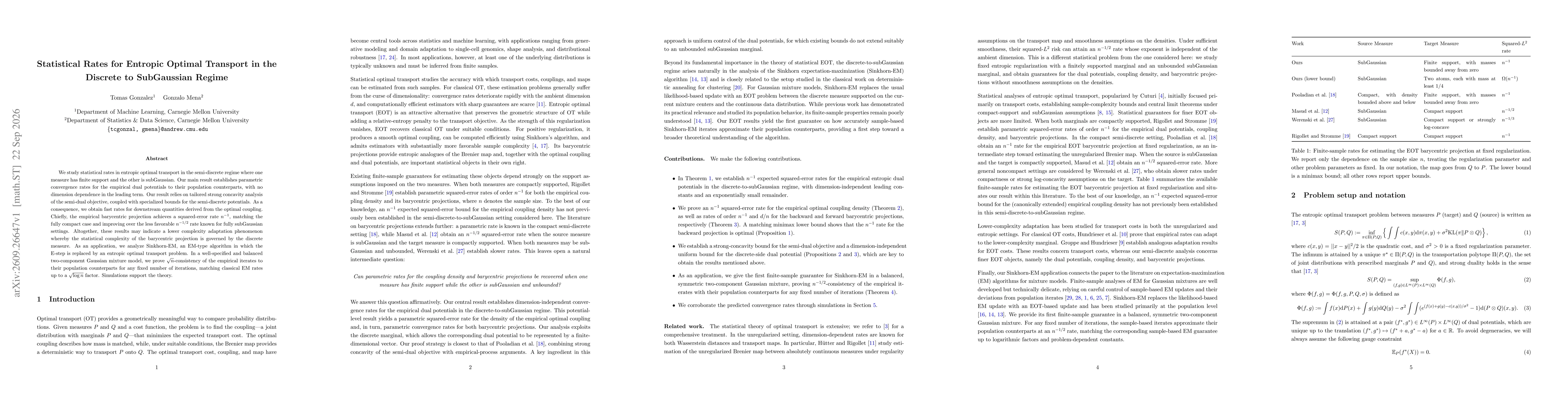 Thumbnail for Statistical Rates for Entropic Optimal Transport in the Discrete to SubGaussian Regime