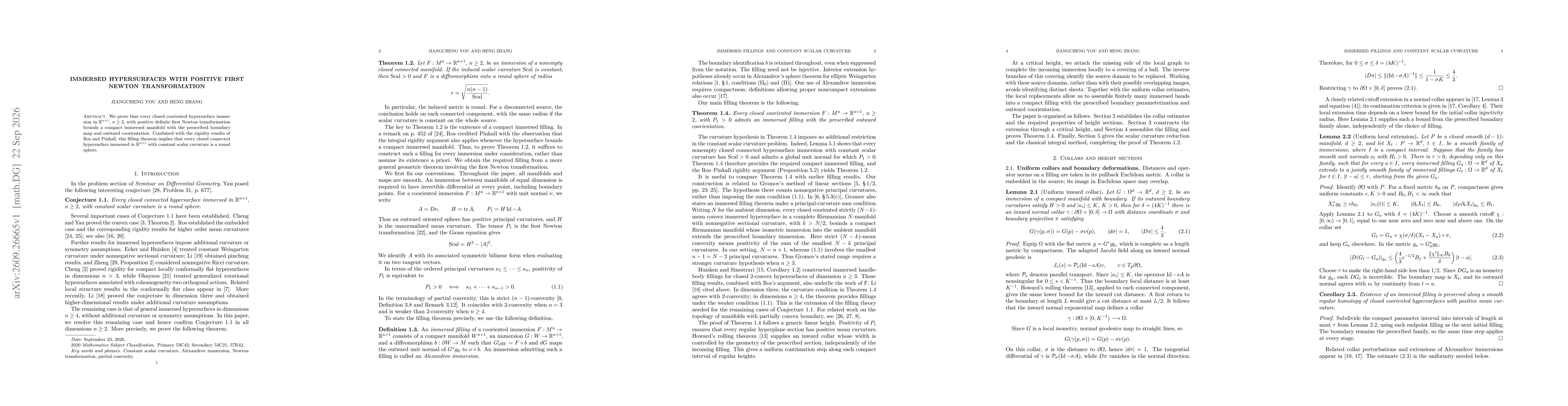 Thumbnail for Immersed hypersurfaces with positive first Newton transformation