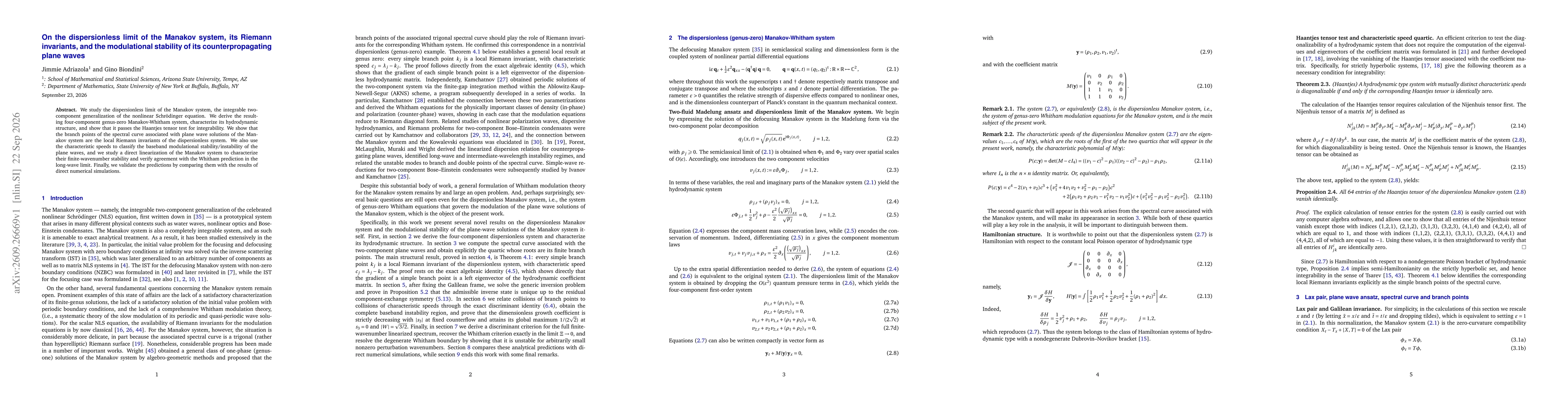 Thumbnail for On the dispersionless limit of the Manakov system, its Riemann invariants, and the modulational stability of its counterpropagating plane waves