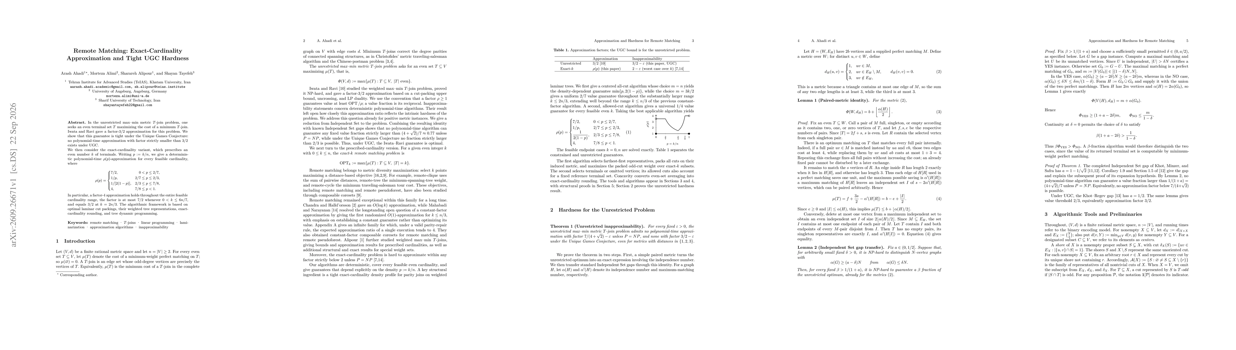 Thumbnail for Remote Matching: Exact-Cardinality Approximation and Tight UGC Hardness