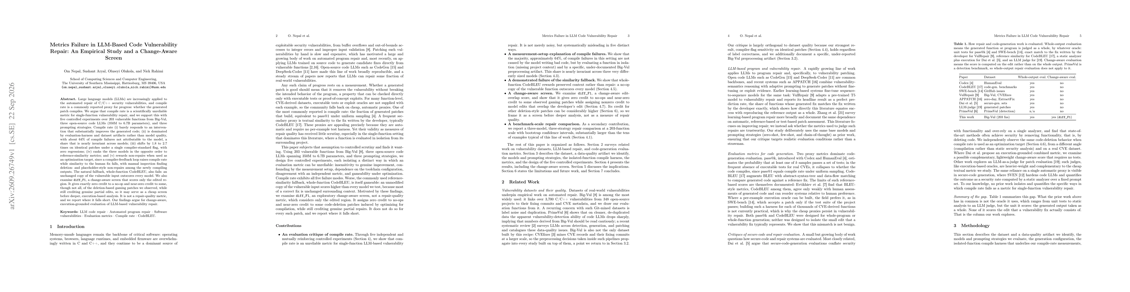 Thumbnail for Metrics Failure in LLM-Based Code Vulnerability Repair: An Empirical Study and a Change-Aware Screen