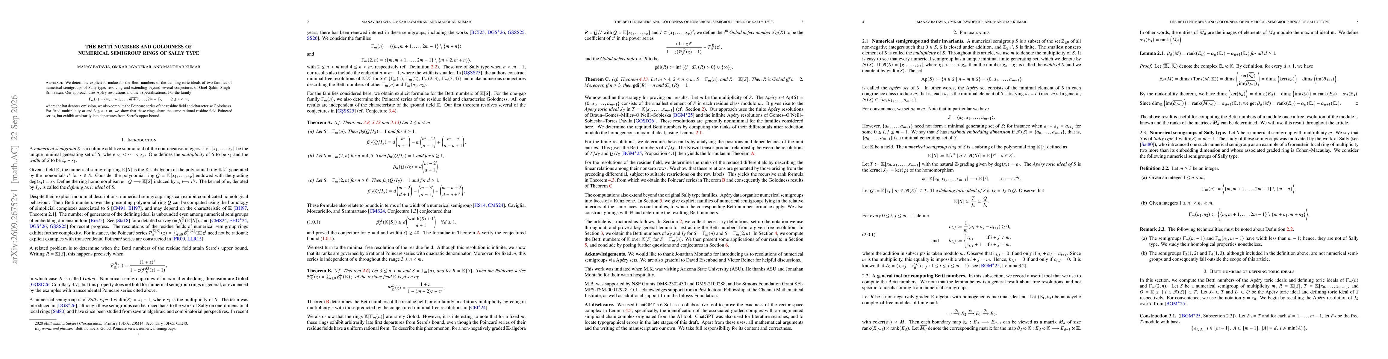 Thumbnail for The Betti numbers and Golodness of numerical semigroup rings of Sally type