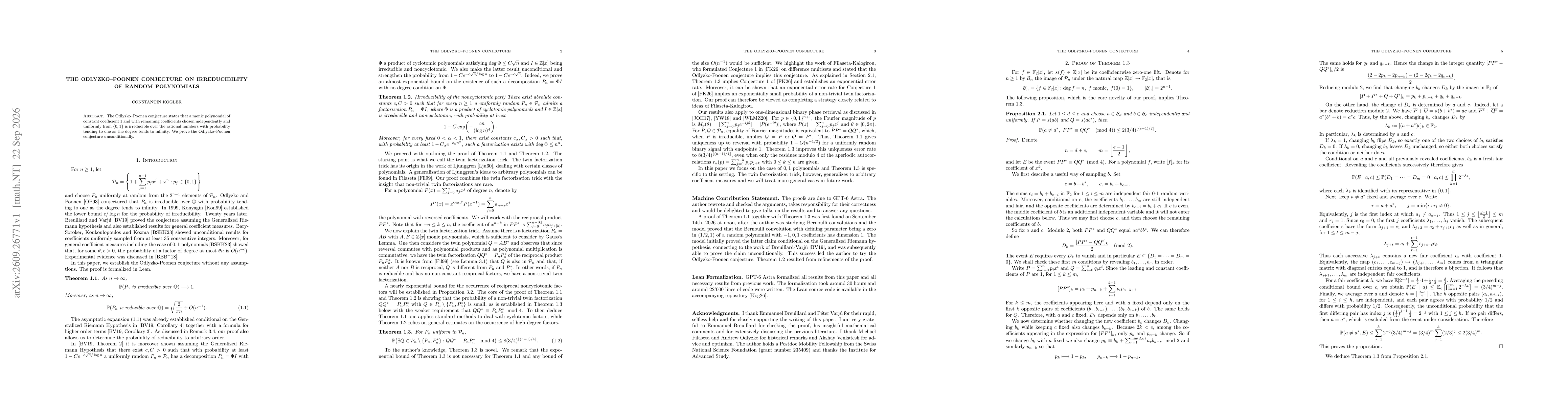 Thumbnail for The Odlyzko-Poonen Conjecture on Irreducibility of Random Polynomials