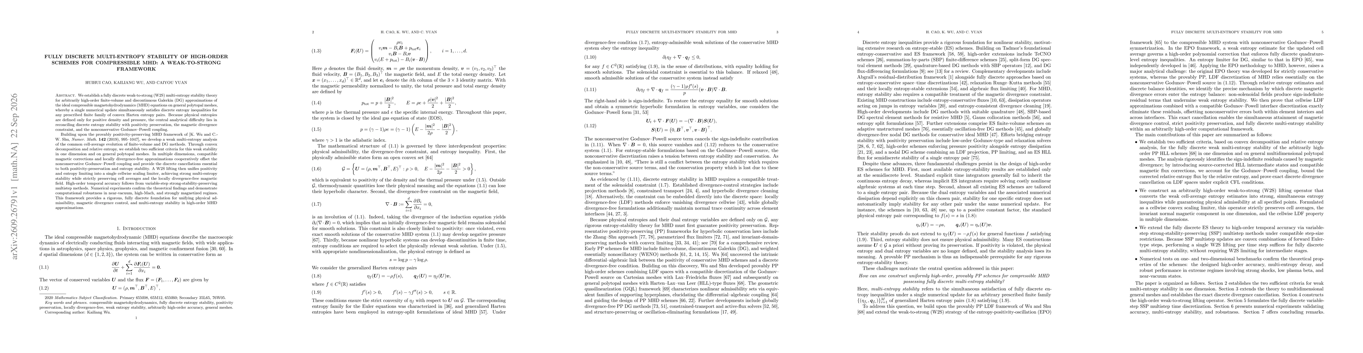 Thumbnail for Fully Discrete Multi-Entropy Stability of High-Order Schemes for Compressible MHD: A Weak-to-Strong Framework