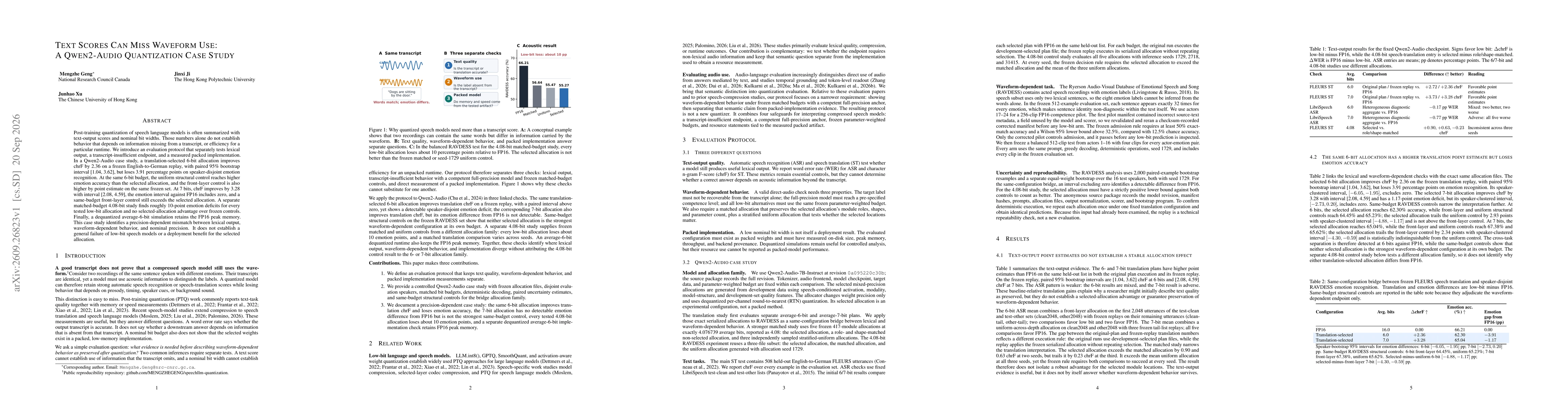 Thumbnail for Text Scores Can Miss Waveform Use: A Qwen2-Audio Quantization Case Study