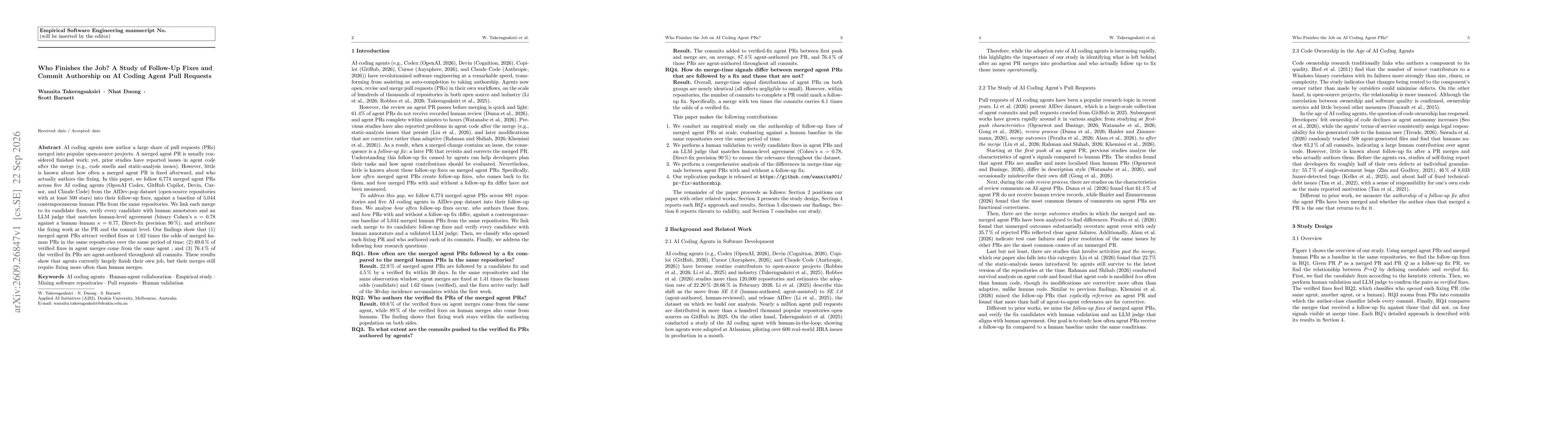 Thumbnail for Who Finishes the Job? A Study of Follow-Up Fixes and Commit Authorship on AI Coding Agent Pull Requests