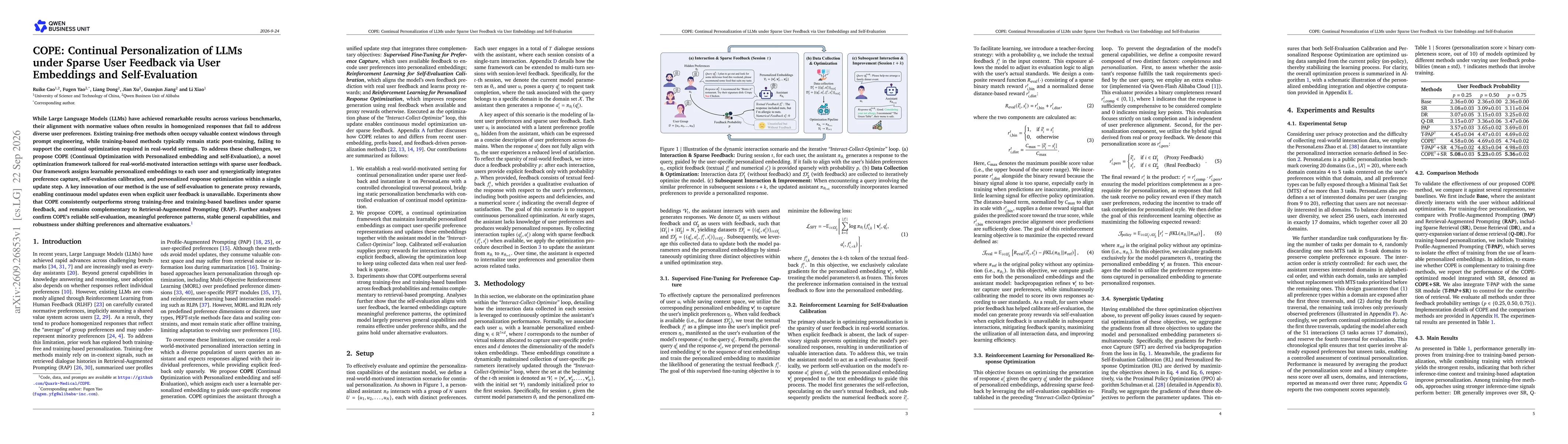 Thumbnail for COPE: Continual Personalization of LLMs under Sparse User Feedback via User Embeddings and Self-Evaluation