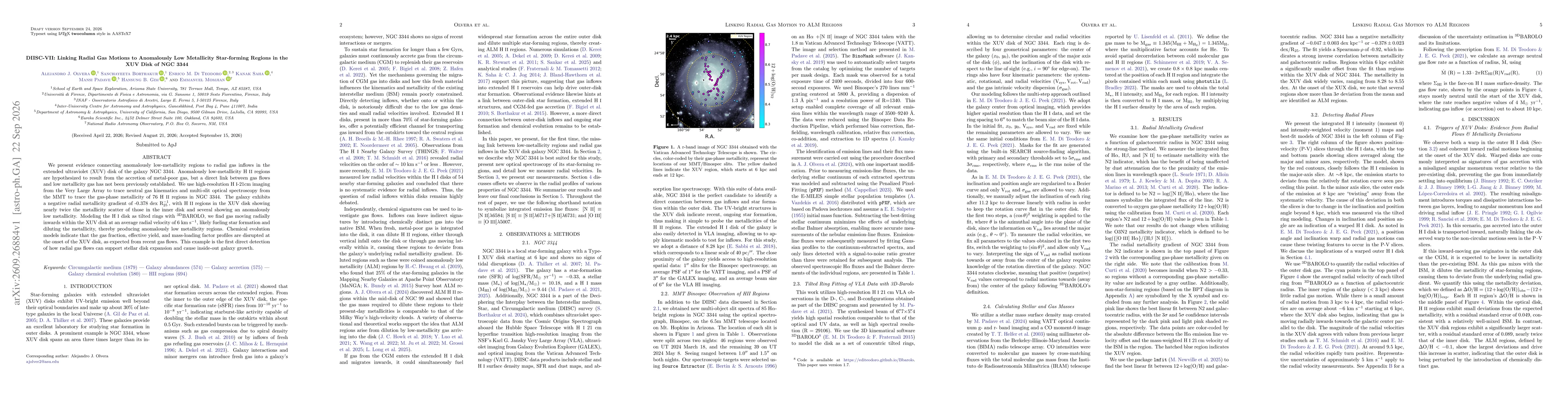 Thumbnail for DIISC-VII: Linking Radial Gas Motions to Anomalously Low Metallicity Star-forming Regions in the XUV Disk of NGC 3344