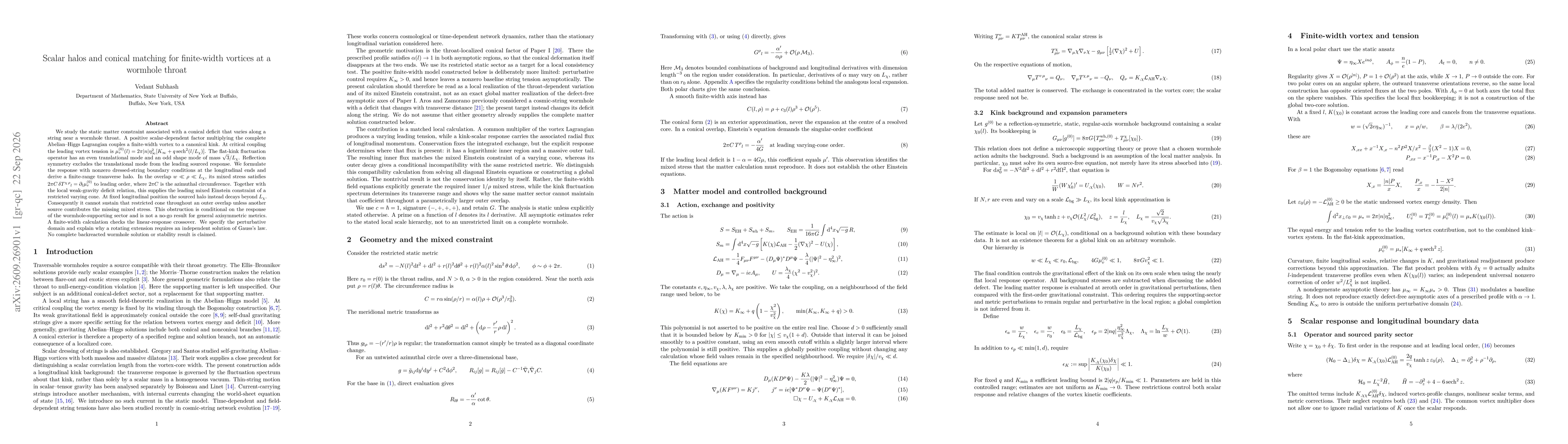 Thumbnail for Scalar halos and conical matching for finite-width vortices at a wormhole throat