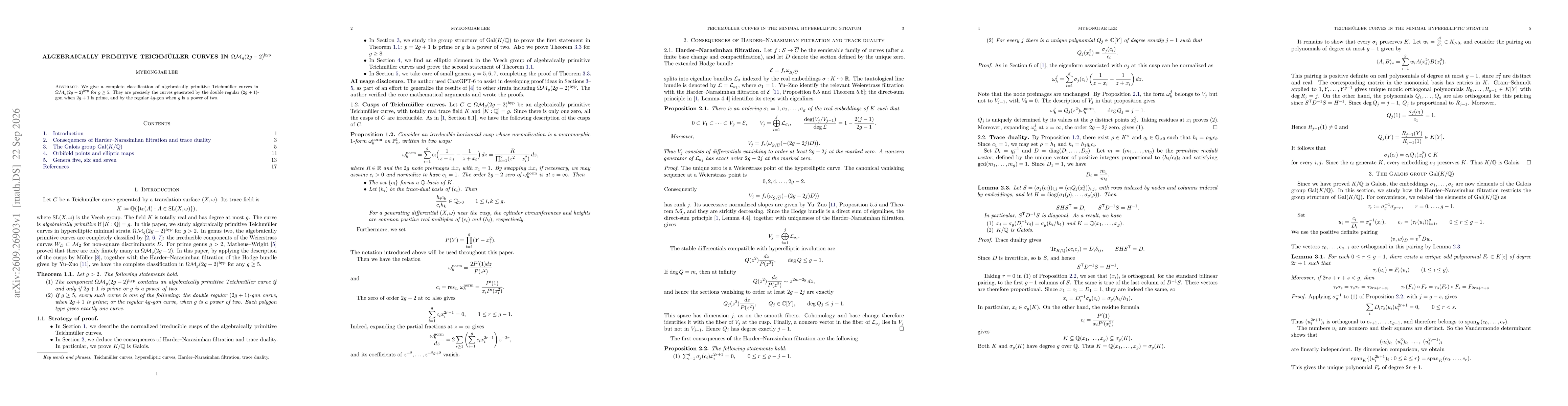 Thumbnail for Algebraically primitive Teichmüller curves in Ω\mathcal M_g(2g-2)^{\mathrm{hyp}}