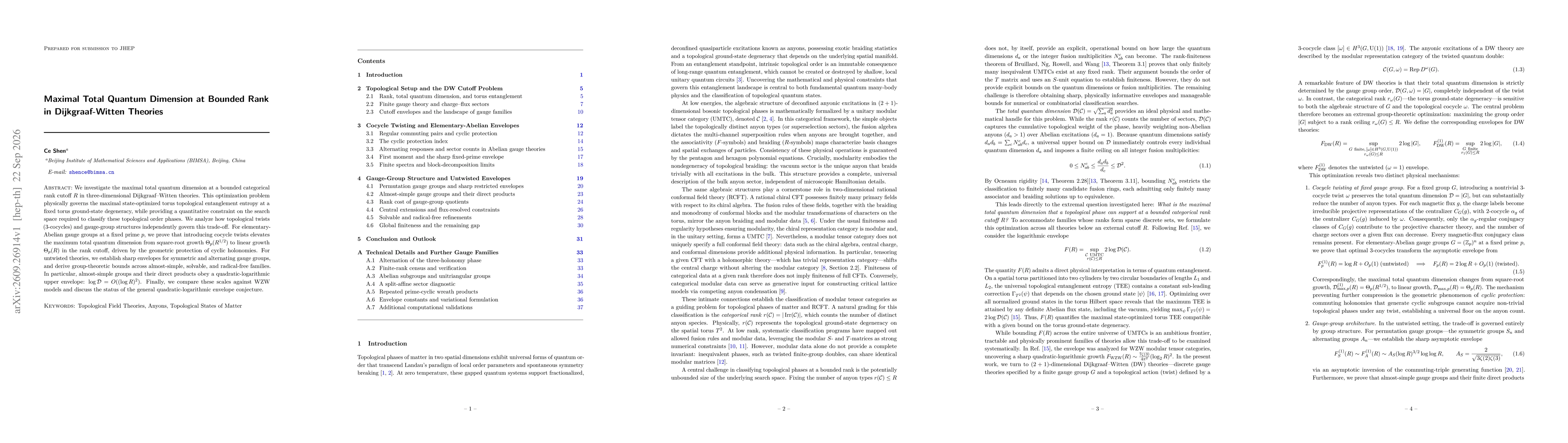 Thumbnail for Maximal Total Quantum Dimension at Bounded Rank in Dijkgraaf-Witten Theories