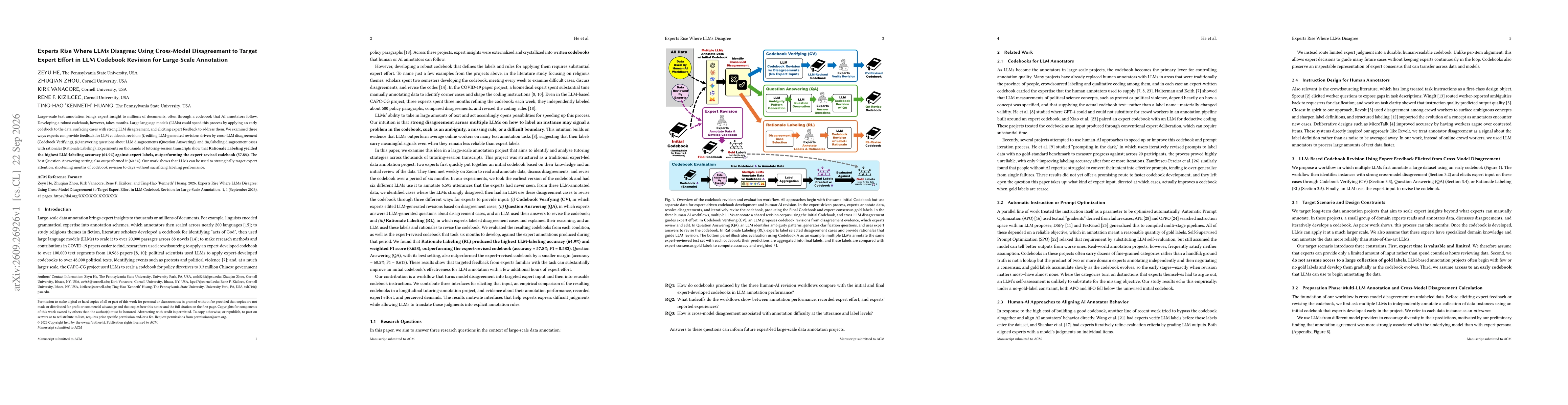Thumbnail for Experts Rise Where LLMs Disagree: Using Cross-Model Disagreement to Target Expert Effort in LLM Codebook Revision for Large-Scale Annotation