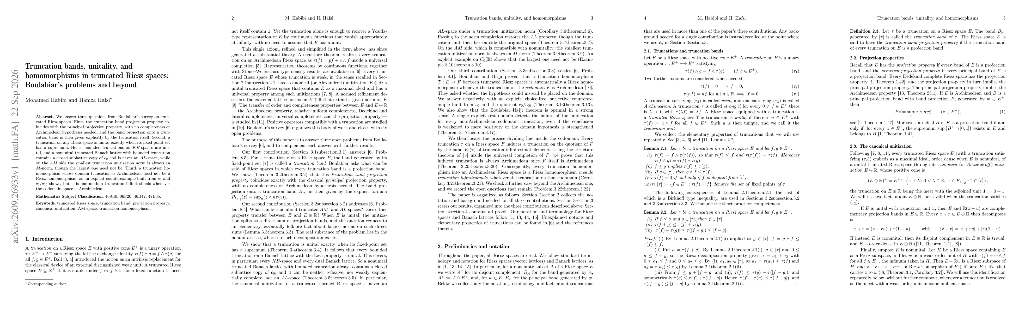 Thumbnail for Truncation bands, unitality, and homomorphisms in truncated Riesz spaces: Boulabiar's problems and beyond