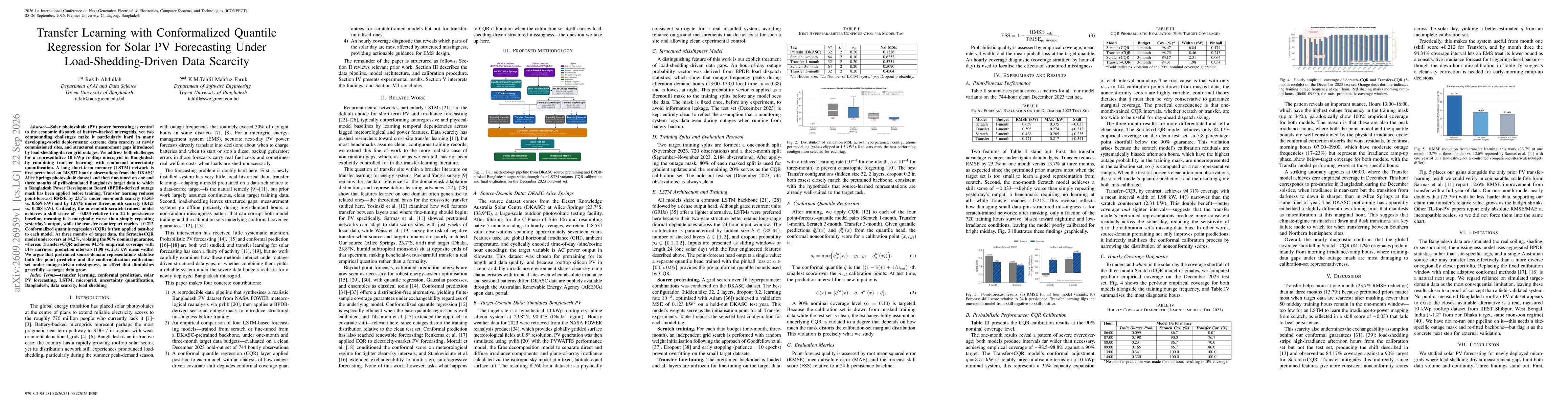 Thumbnail for Transfer Learning with Conformalized Quantile Regression for Solar PV Forecasting Under Load-Shedding-Driven Data Scarcity
