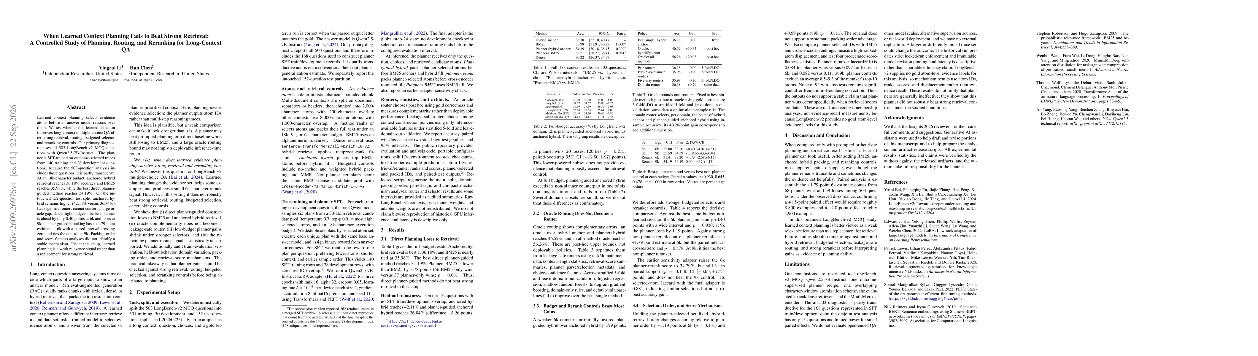 Thumbnail for When Learned Context Planning Fails to Beat Strong Retrieval: A Controlled Study of Planning, Routing, and Reranking for Long-Context QA