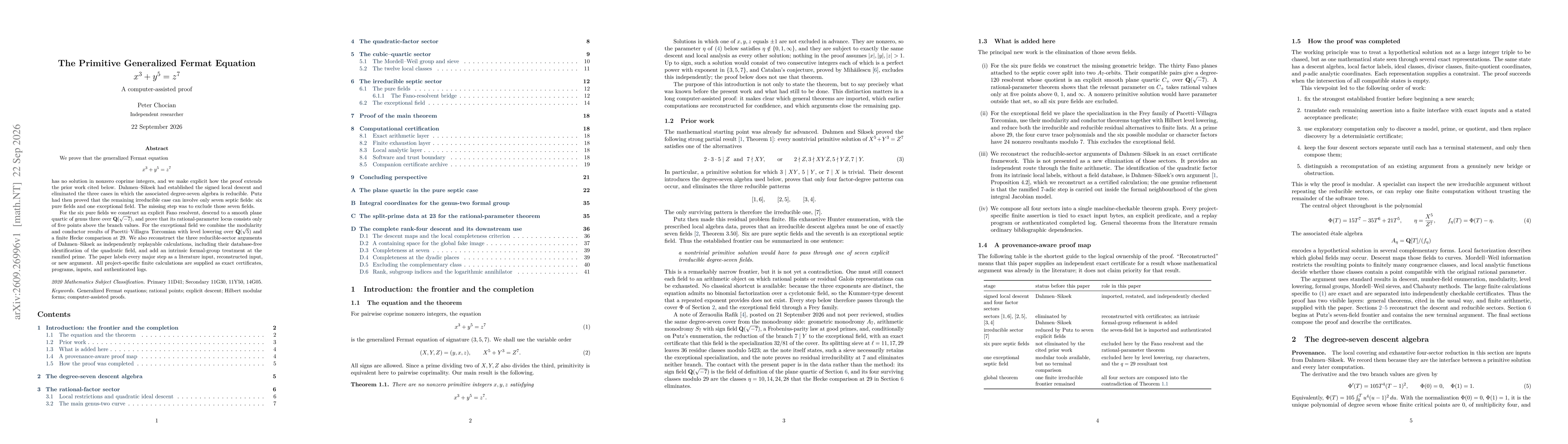 Thumbnail for The Primitive Generalized Fermat Equation x^3+y^5=z^7: A computer-assisted proof