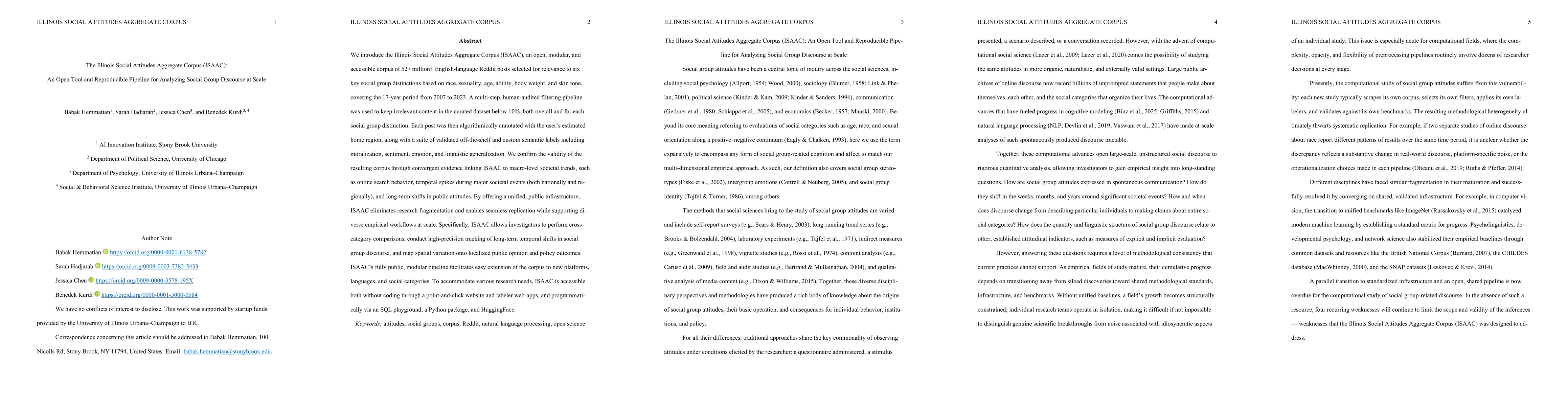 Thumbnail for The Illinois Social Attitudes Aggregate Corpus (ISAAC): An Open Tool and Reproducible Pipeline for Analyzing Social Group Discourse at Scale