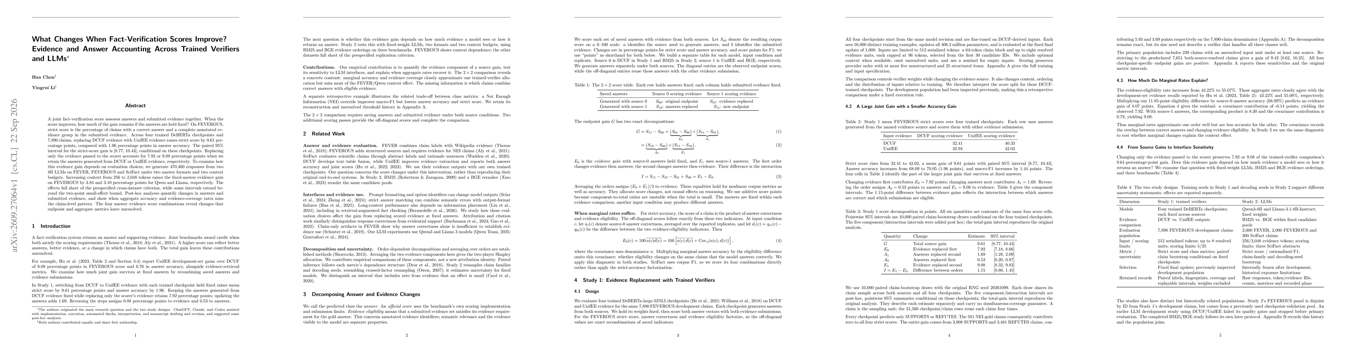 Thumbnail for What Changes When Fact-Verification Scores Improve? Evidence and Answer Accounting Across Trained Verifiers and LLMs