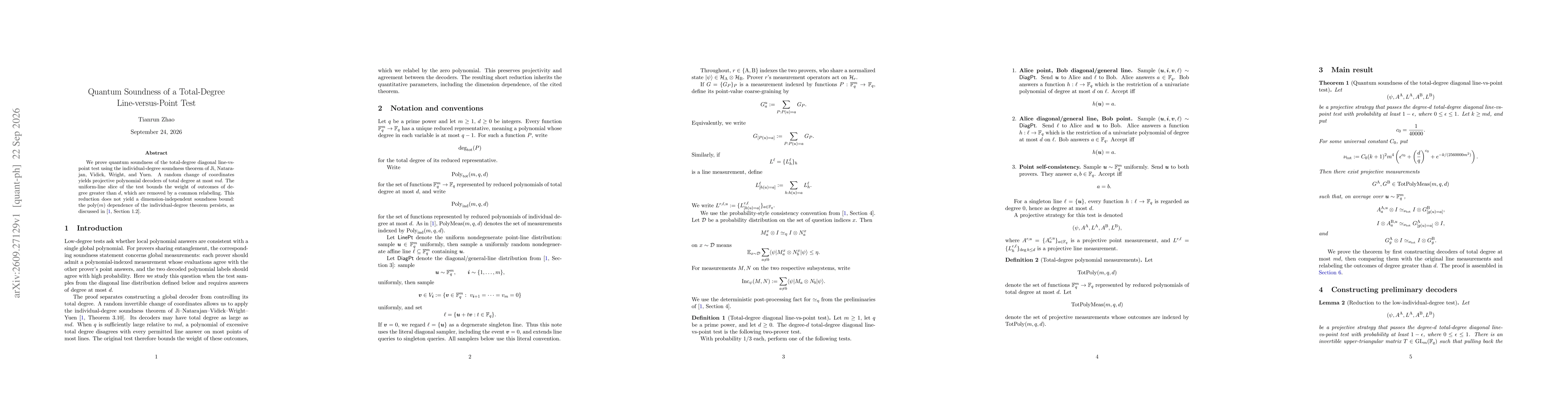 Thumbnail for Quantum Soundness of a Total-Degree Line-versus-Point Test