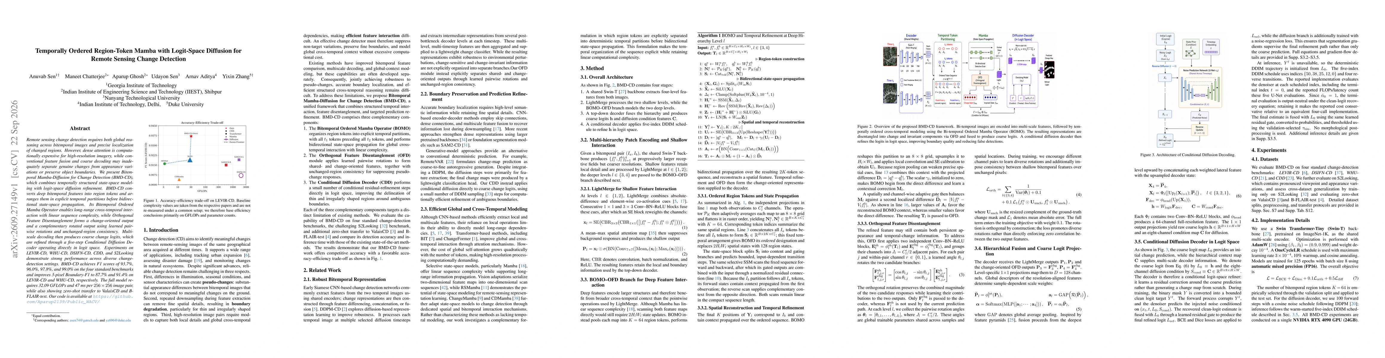 Thumbnail for Temporally Ordered Region-Token Mamba with Logit-Space Diffusion for Remote Sensing Change Detection