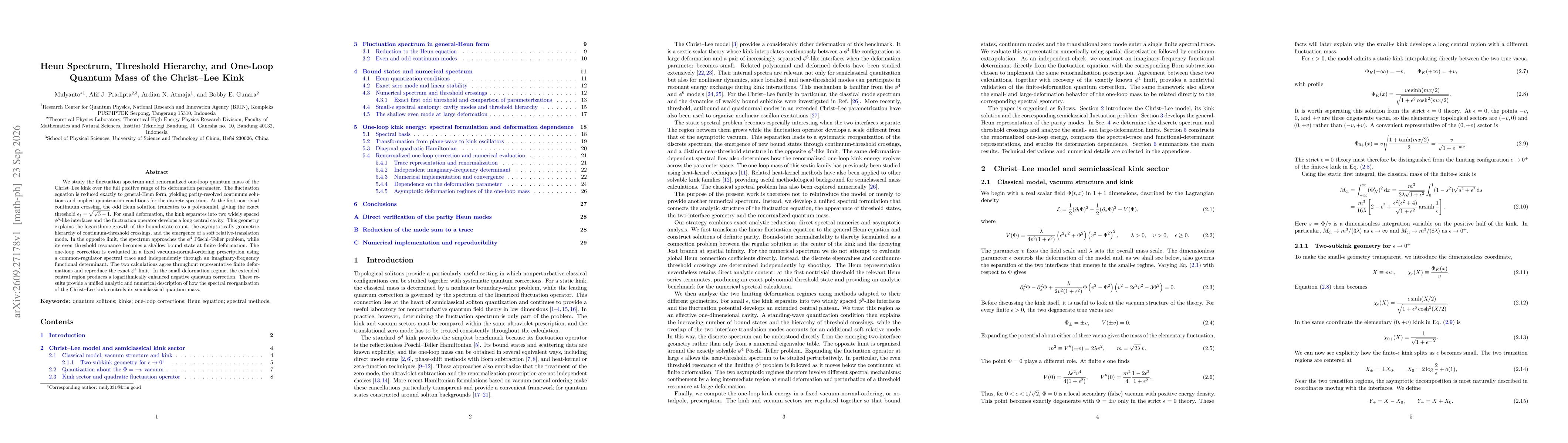 Thumbnail for Heun Spectrum, Threshold Hierarchy, and One-Loop Quantum Mass of the Christ--Lee Kink