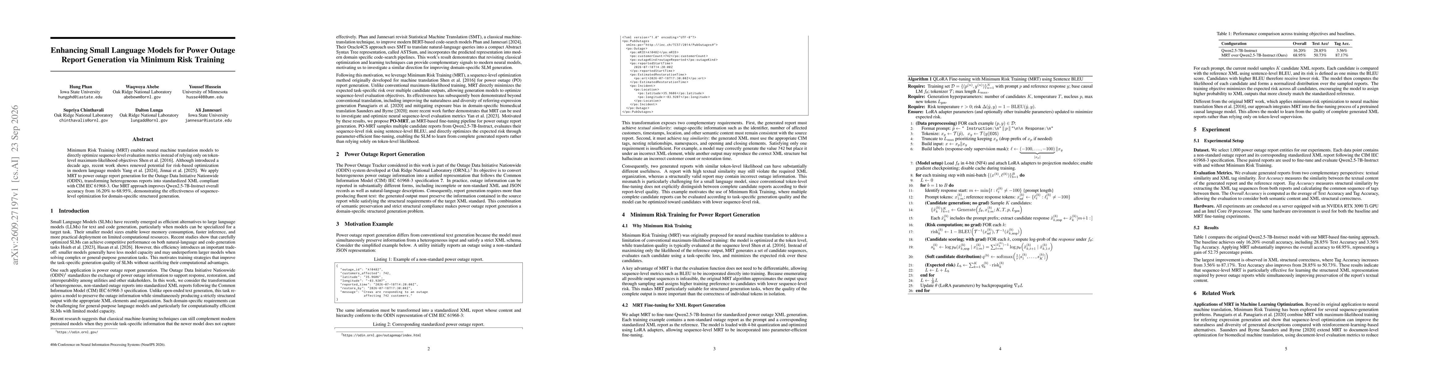 Thumbnail for Enhancing Small Language Models for Power Outage Report Generation via Minimum Risk Training