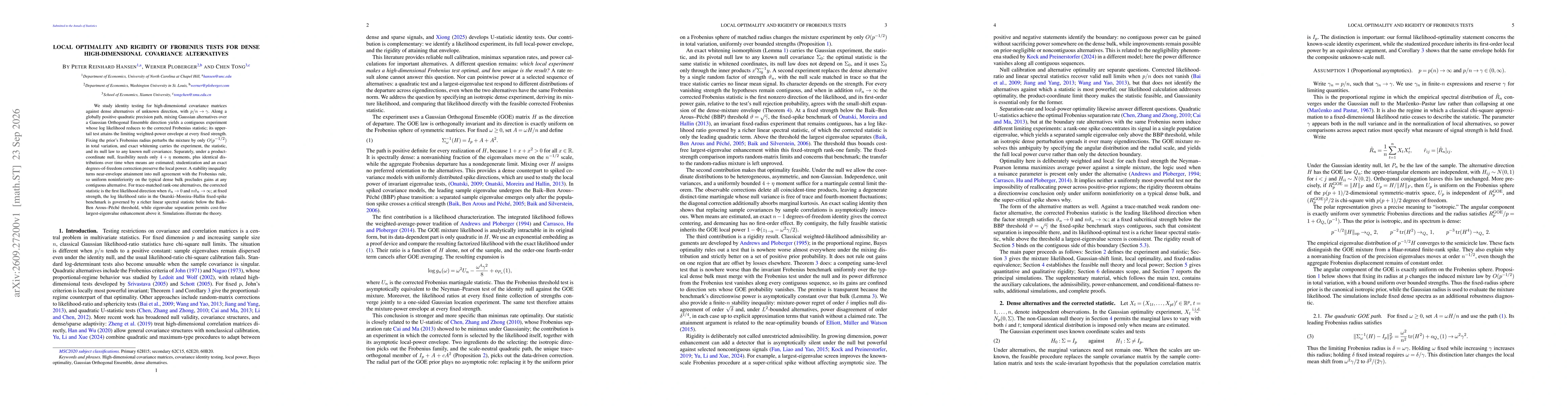 Thumbnail for Local Optimality and Rigidity of Frobenius Tests for Dense High-Dimensional Covariance Alternatives