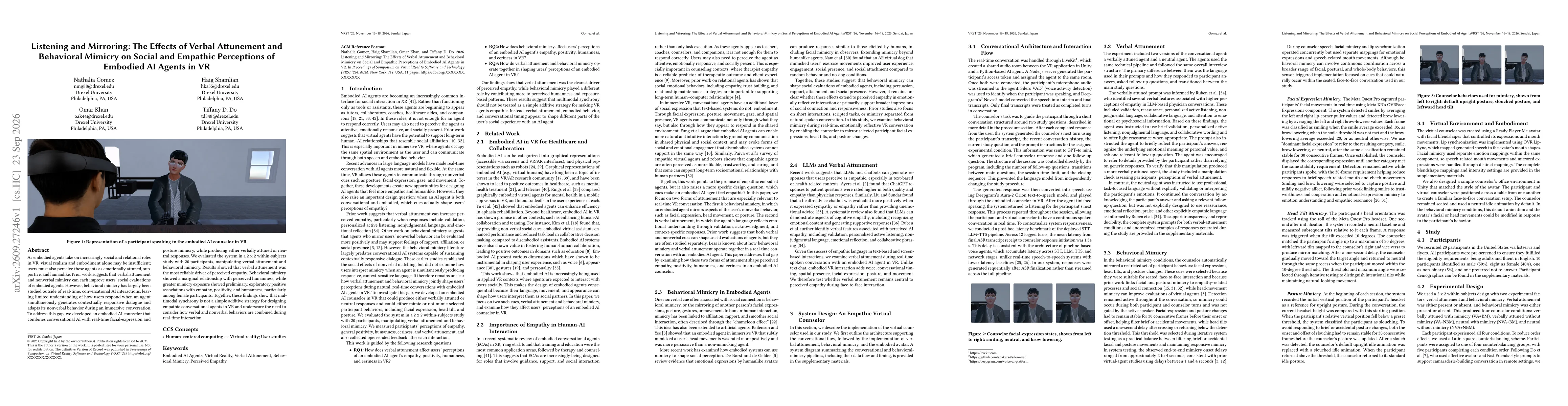 Thumbnail for Listening and Mirroring: The Effects of Verbal Attunement and Behavioral Mimicry on Social and Empathic Perceptions of Embodied AI Agents in VR