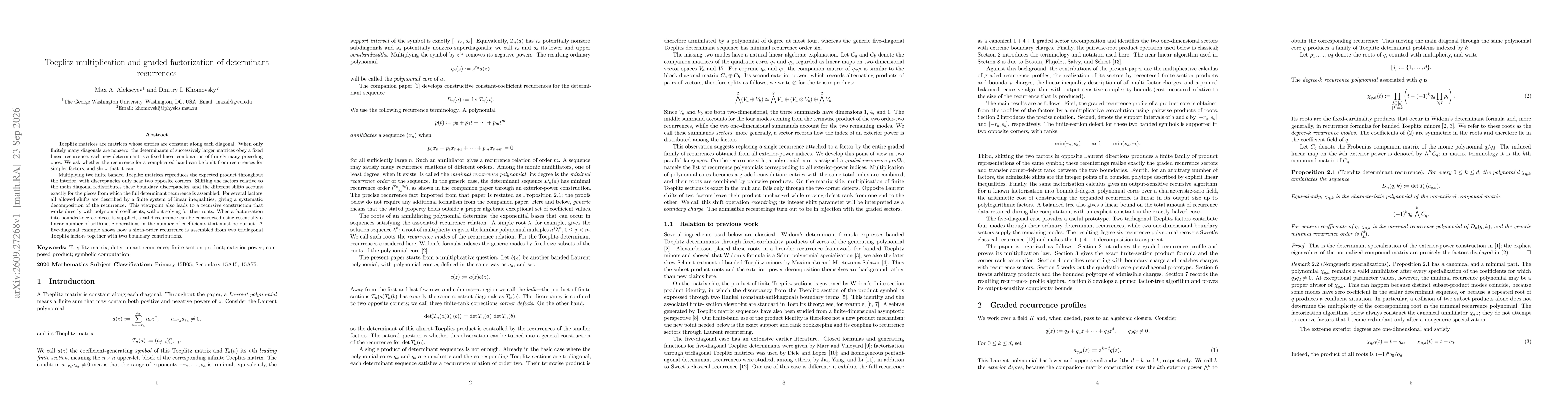 Thumbnail for Toeplitz multiplication and graded factorization of determinant recurrences