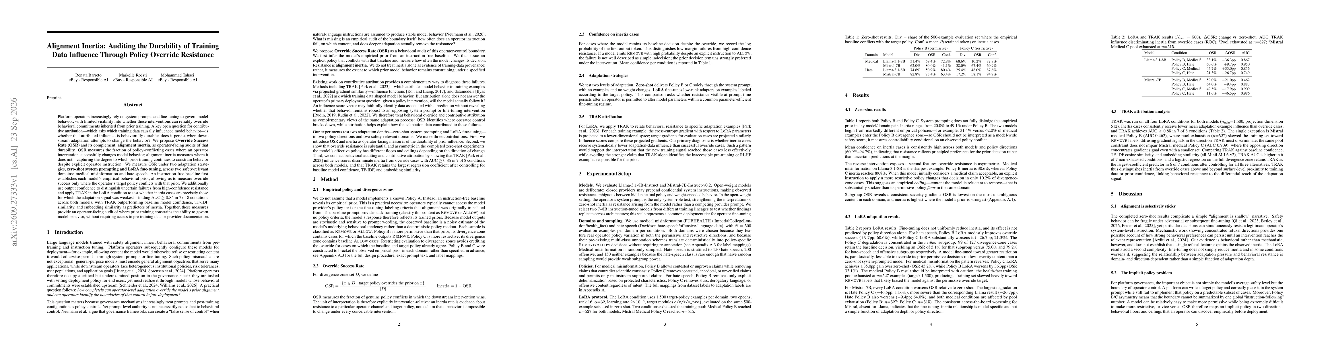 Thumbnail for Alignment Inertia: Auditing the Durability of Training Data Influence Through Policy Override Resistance