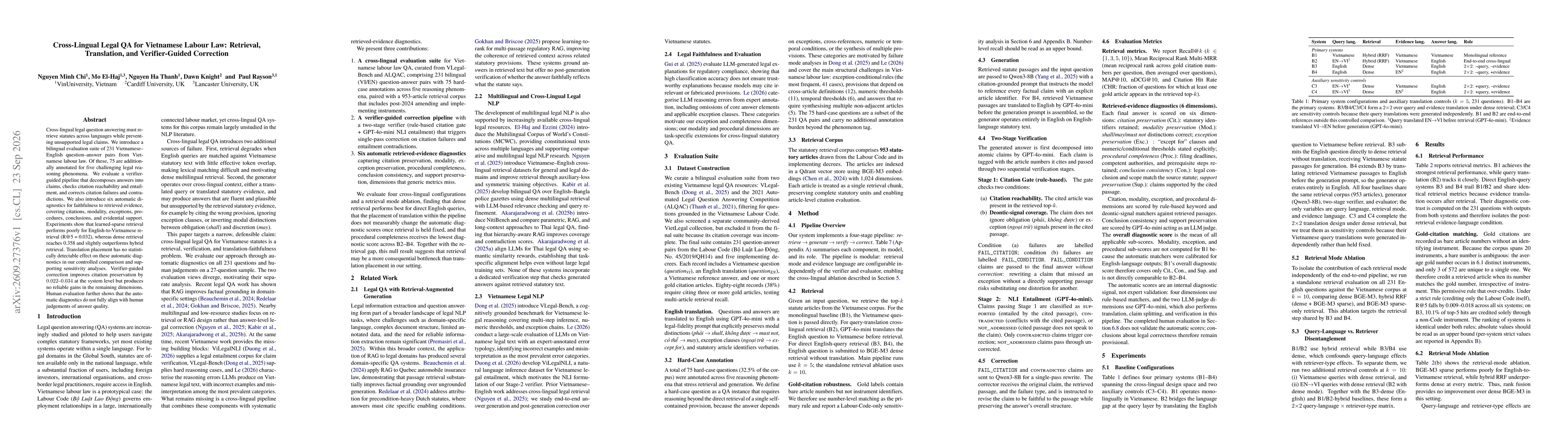 Thumbnail for Cross-Lingual Legal QA for Vietnamese Labour Law: Retrieval, Translation, and Verifier-Guided Correction