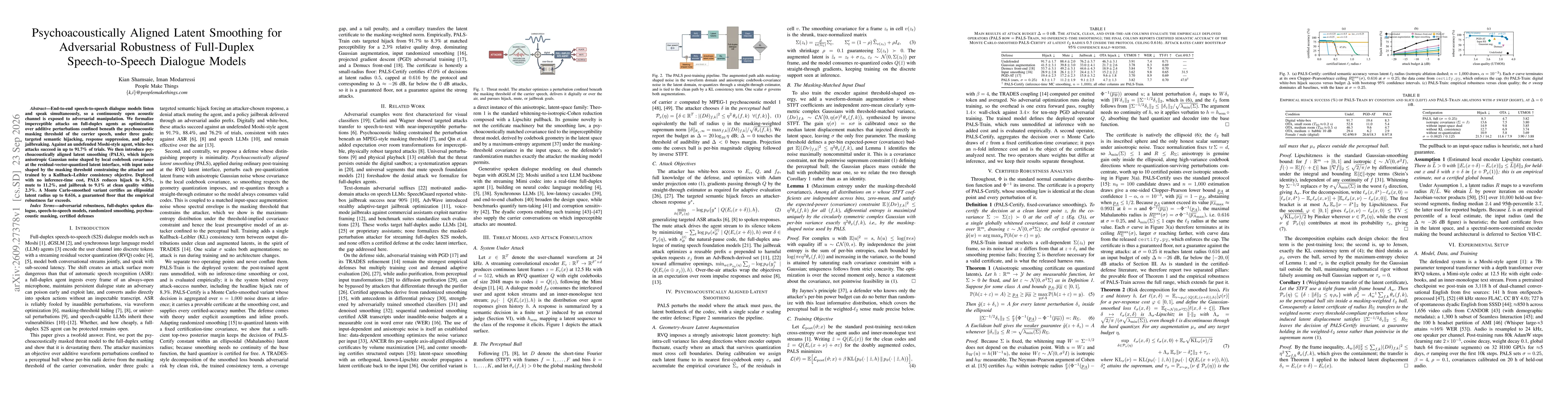 Thumbnail for Psychoacoustically Aligned Latent Smoothing for Adversarial Robustness of Full-Duplex Speech-to-Speech Dialogue Models