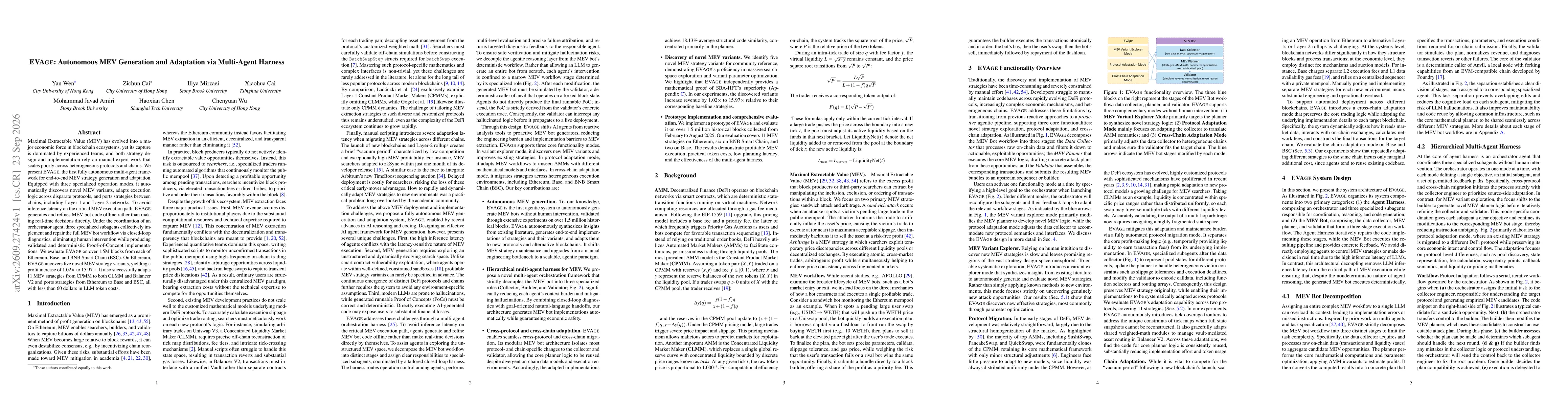 Thumbnail for EVAGE: Autonomous MEV Generation and Adaptation via Multi-Agent Harness