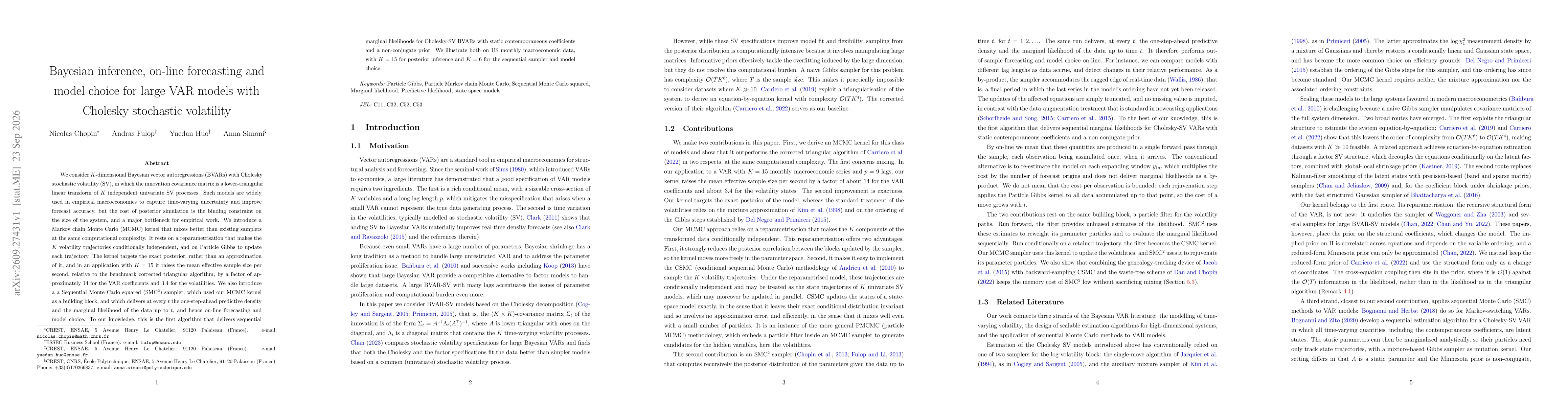 Thumbnail for Bayesian inference, on-line forecasting and model choice for large VAR models with Cholesky stochastic volatility