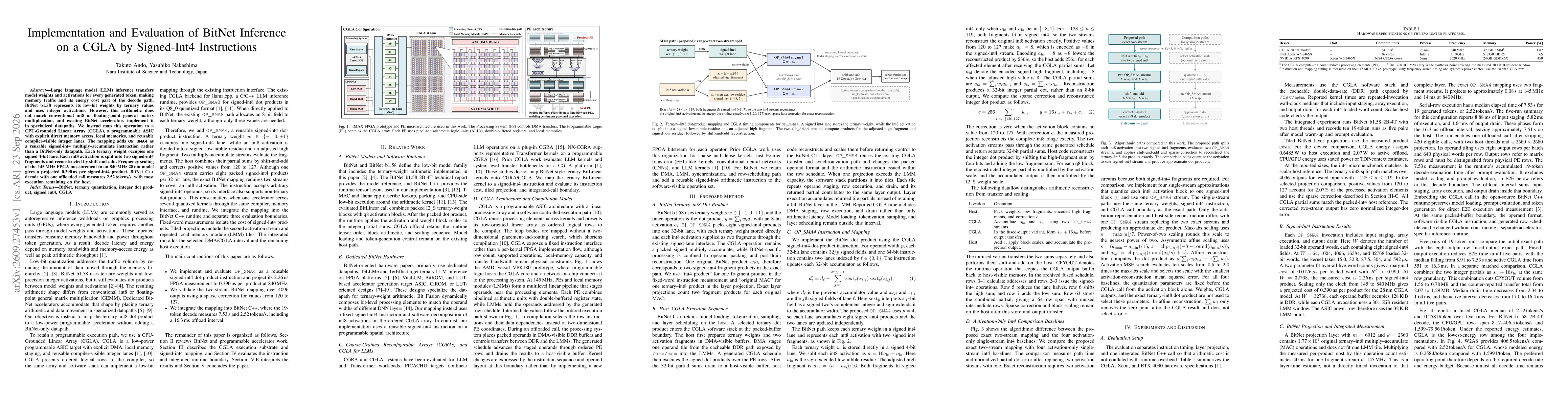 Thumbnail for Implementation and Evaluation of BitNet Inference on a CGLA by Signed-Int4 Instructions