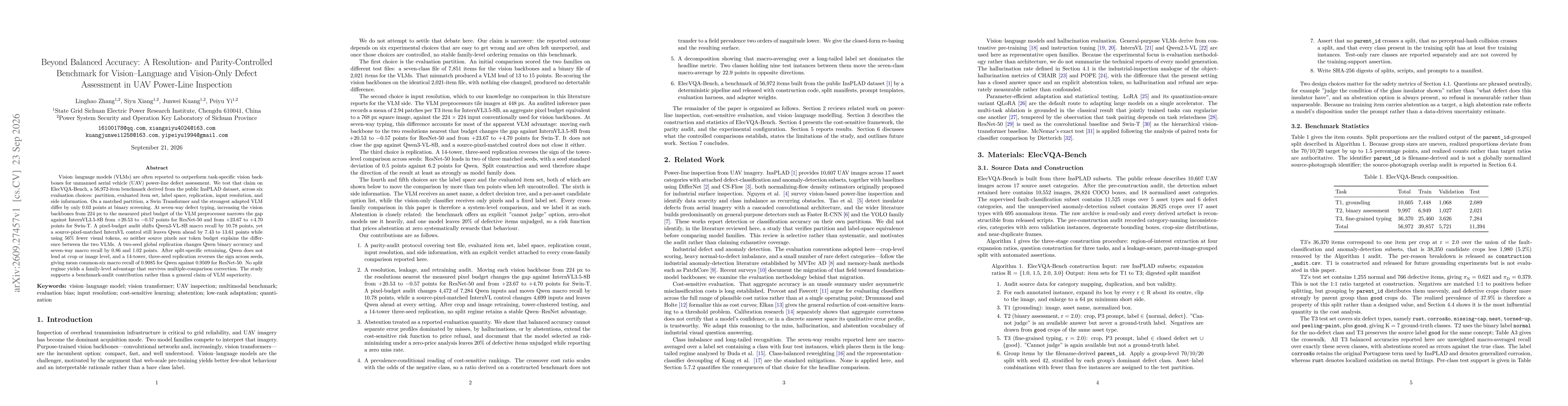 Thumbnail for Beyond Balanced Accuracy: A Resolution and Parity-Controlled Benchmark for Vision-Language and Vision-Only Defect Assessment in UAV Power-Line Inspection