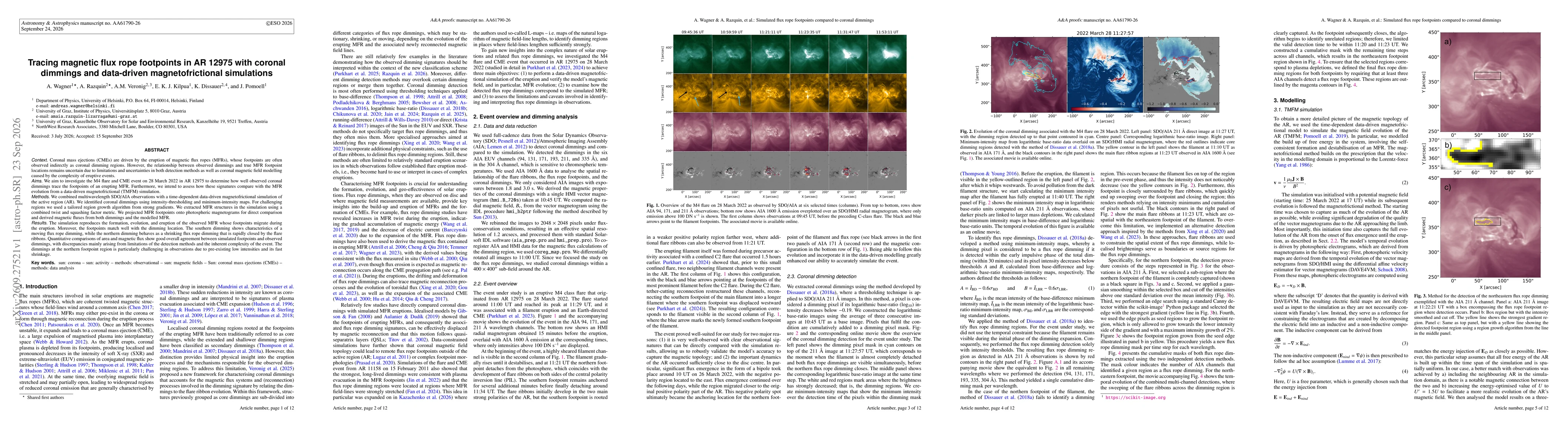 Thumbnail for Tracing magnetic flux rope footpoints in AR 12975 with coronal dimmings and data-driven magnetofrictional simulations
