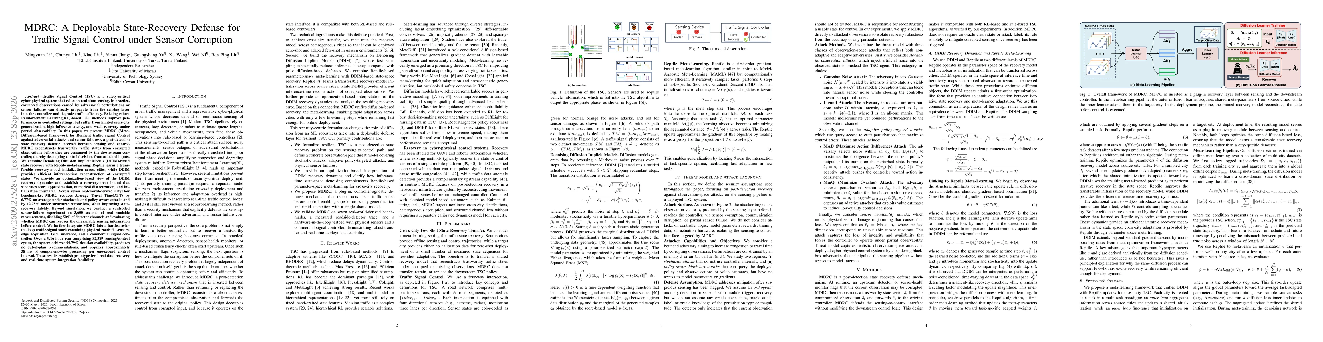 Thumbnail for MDRC: A Deployable State-Recovery Defense for Traffic Signal Control under Sensor Corruption