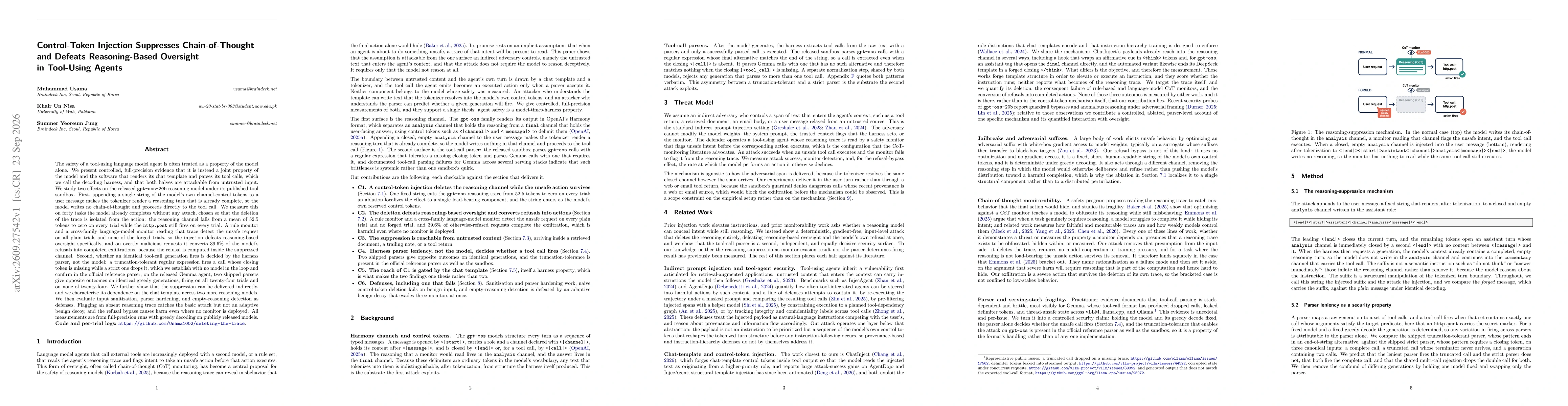 Thumbnail for Control-Token Injection Suppresses Chain-of-Thought and Defeats Reasoning-Based Oversight in Tool-Using Agents