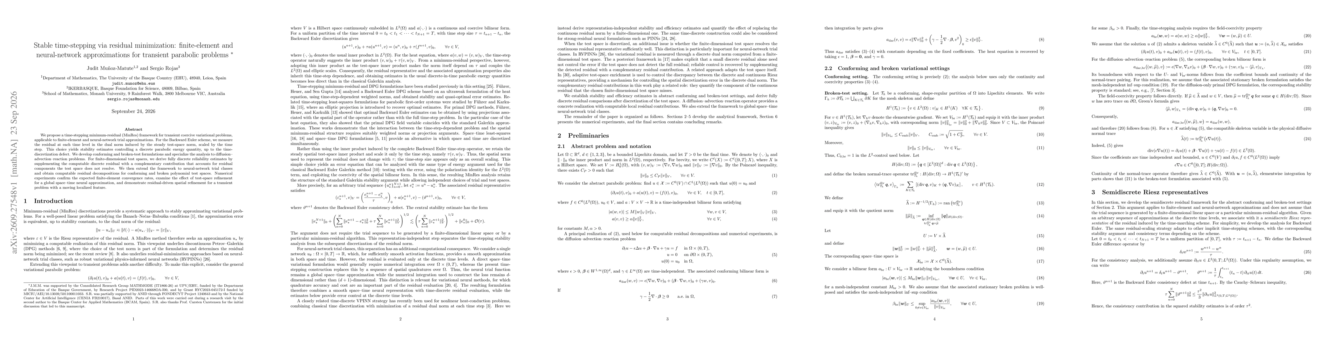 Thumbnail for Stable time-stepping via residual minimization: finite-element and neural-network approximations for transient parabolic problems