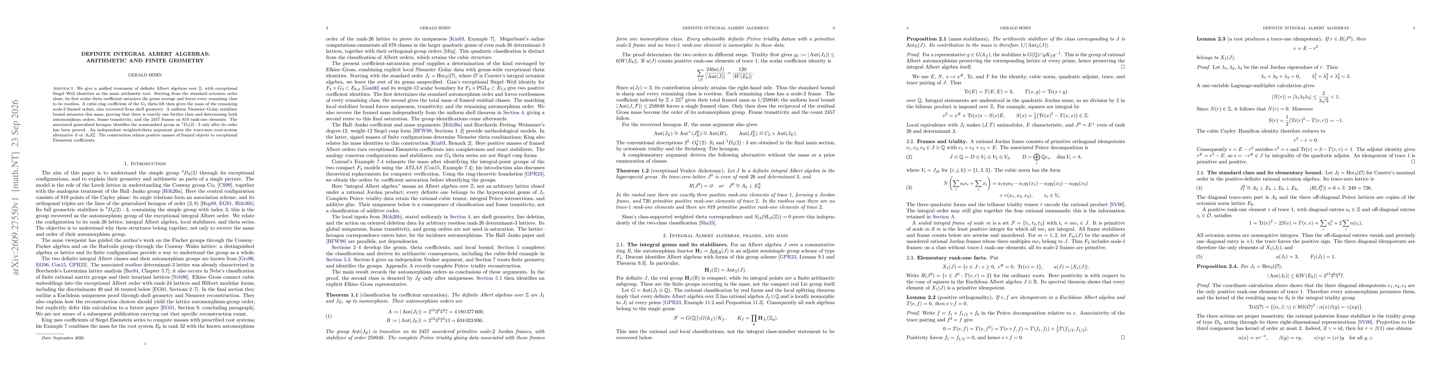 Thumbnail for Definite integral Albert algebras: arithmetic and finite geometry