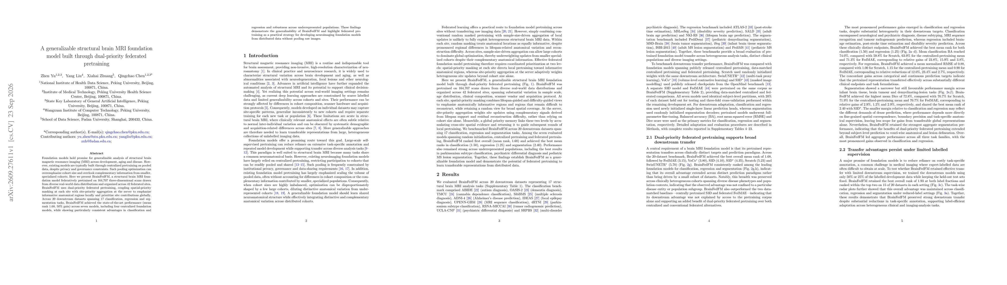 Thumbnail for A generalizable structural brain MRI foundation model built through dual-priority federated pretraining