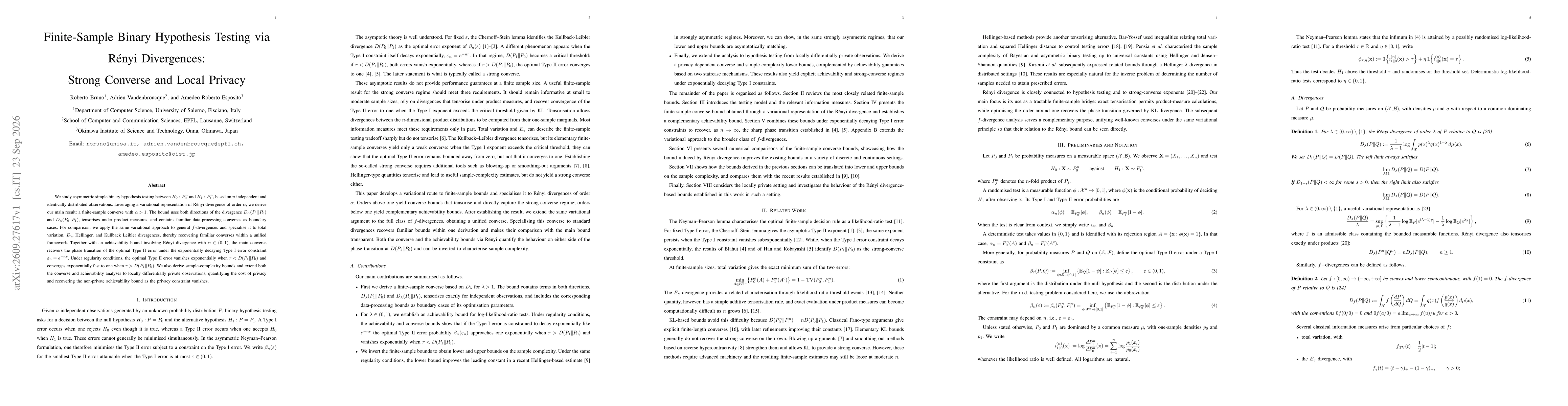 Thumbnail for Finite-Sample Binary Hypothesis Testing via Rényi Divergences: Strong Converse and Local Privacy