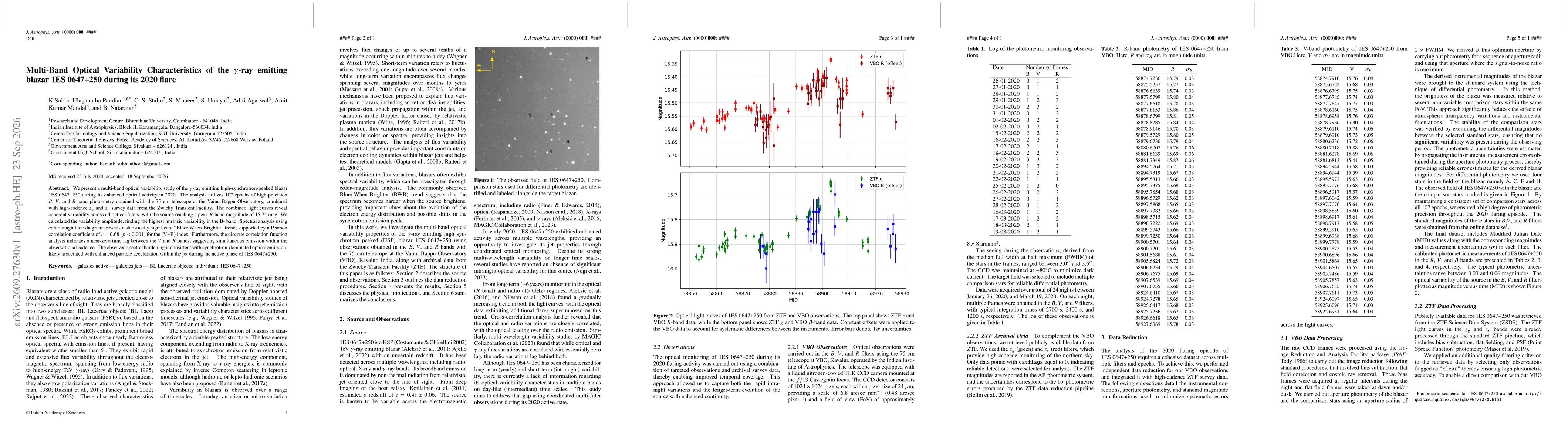 Thumbnail for Multi-Band Optical Variability Characteristics of the $γ$-ray emitting blazar 1ES 0647+250 during its 2020 flare