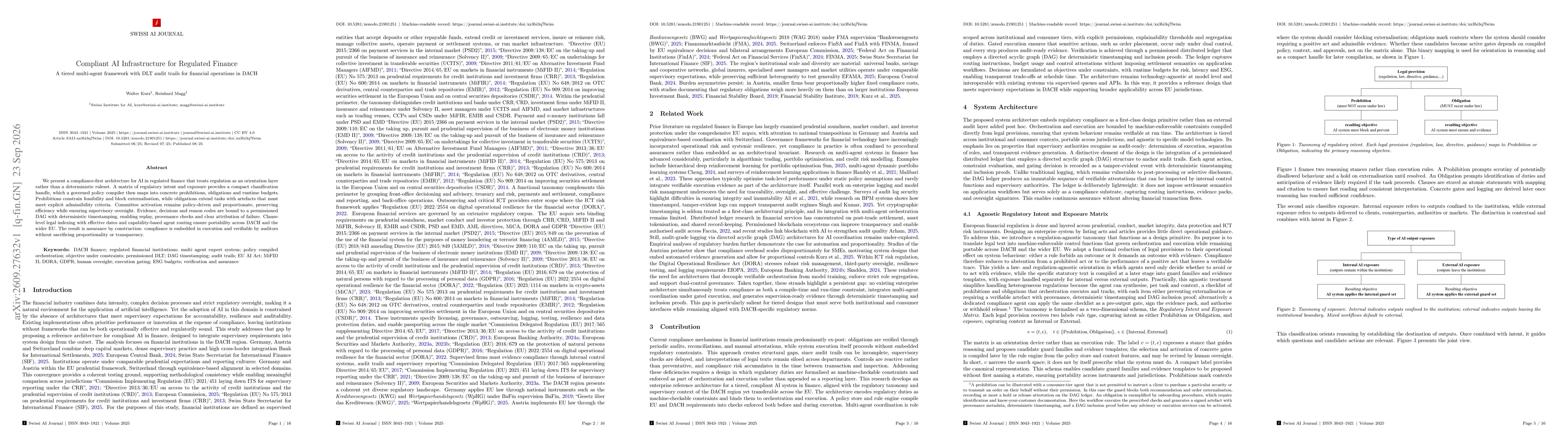 Thumbnail for Compliant AI Infrastructure for Regulated Finance: A tiered multi-agent framework with DLT audit trails for financial operations in DACH