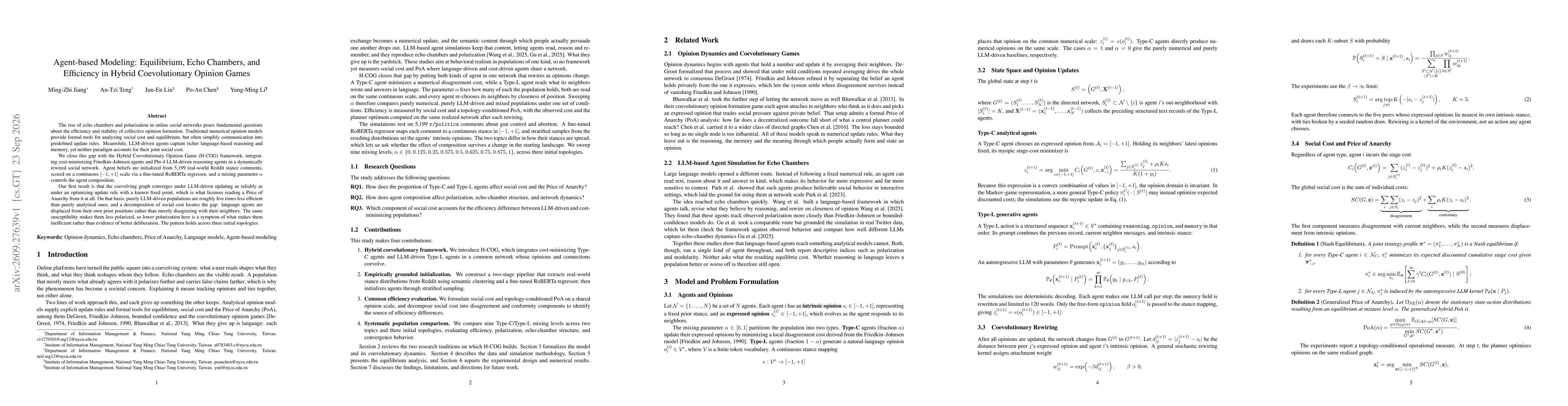 Thumbnail for Agent-based Modeling: Equilibrium, Echo Chambers, and Efficiency in Hybrid Coevolutionary Opinion Games