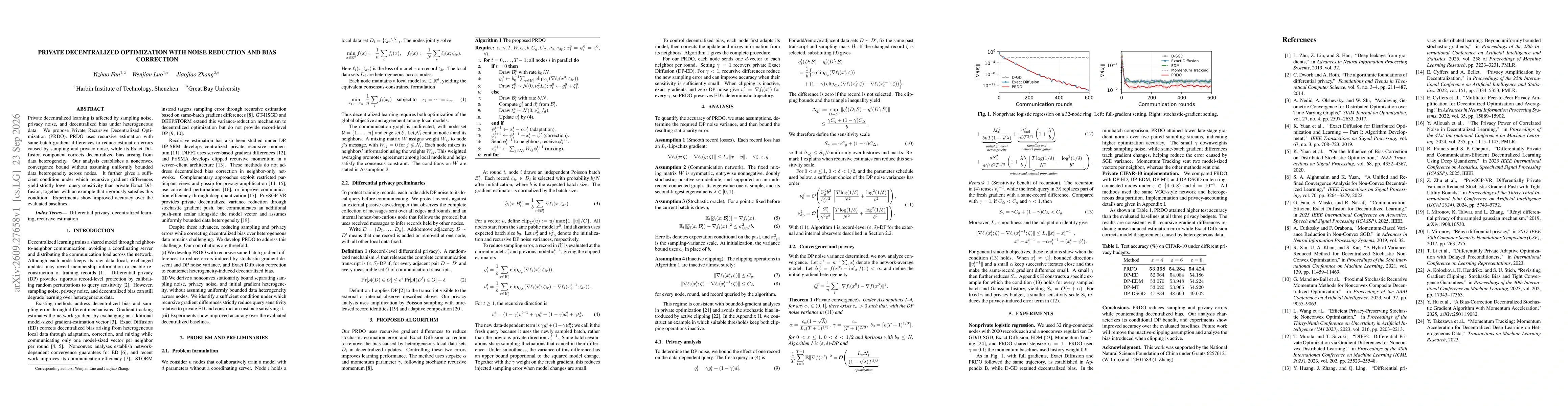 Thumbnail for Private Decentralized Optimization with Noise Reduction and Bias Correction